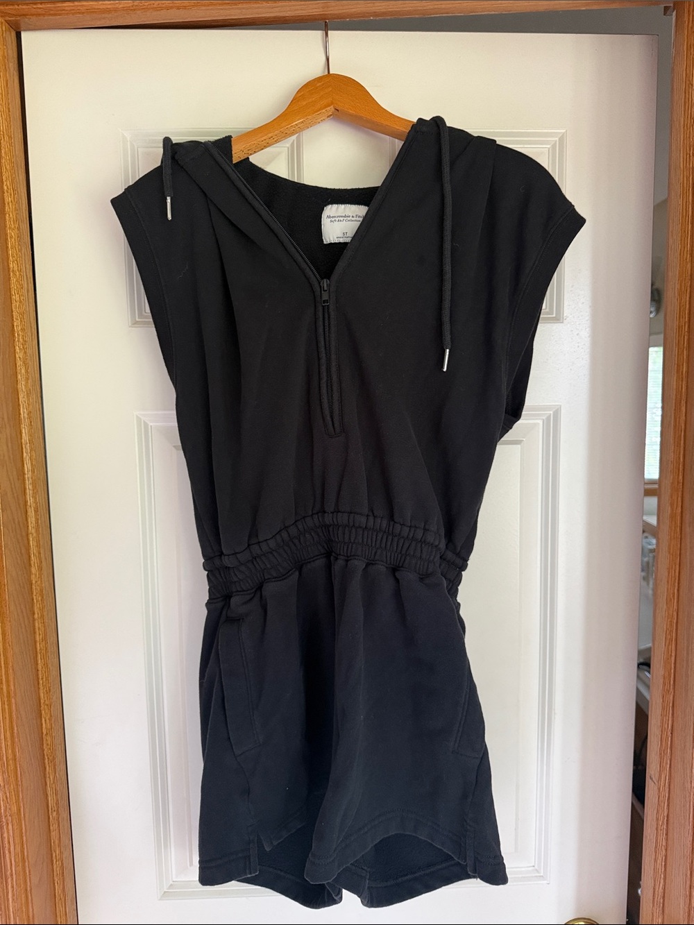 Abercrombie & Fitch Black Hooded Short Romper with Drawstring